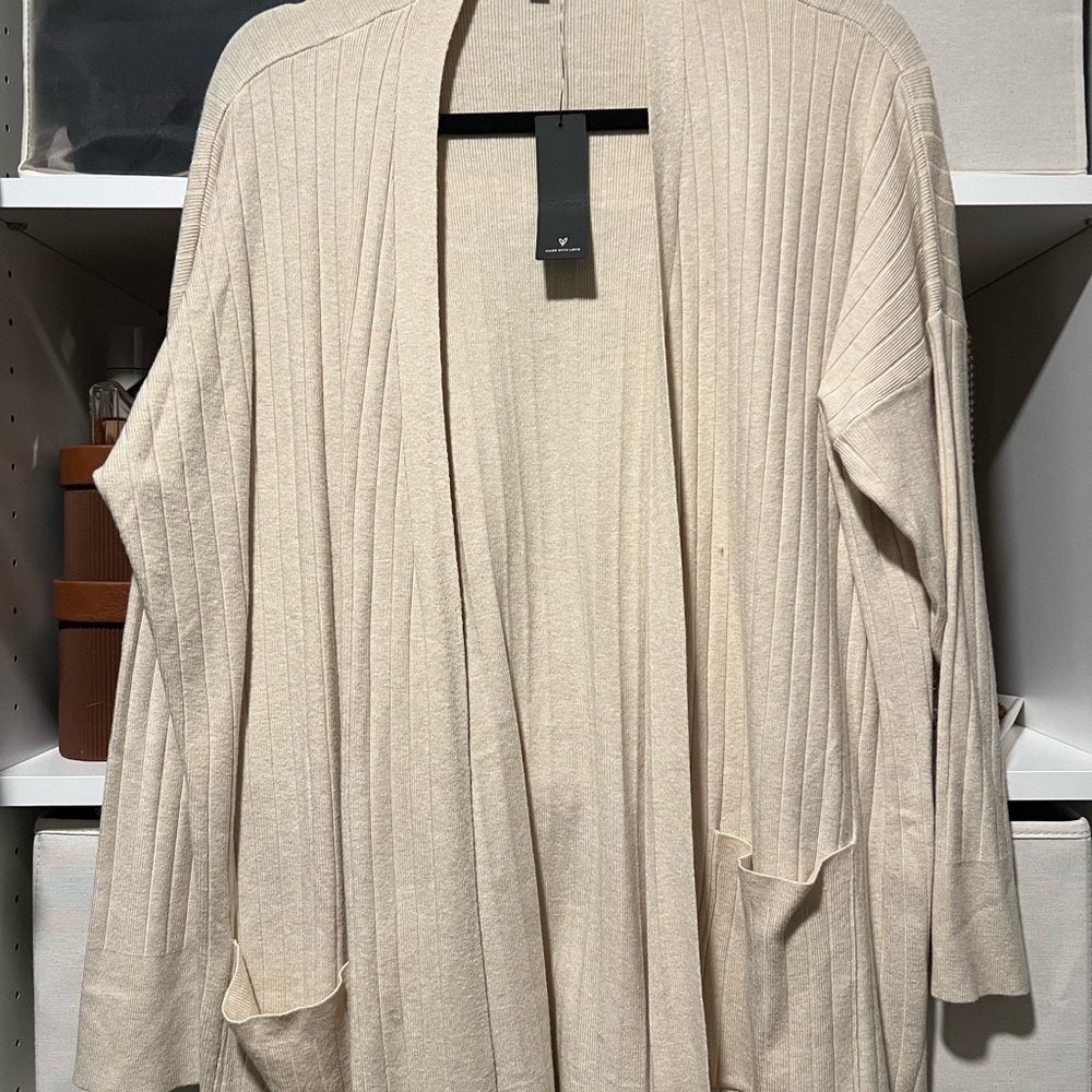 Beige Ribbed Knit Cardigan Sweater